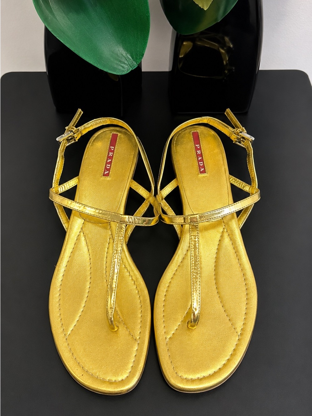 Prada Metallic Gold T-Strap Sandals